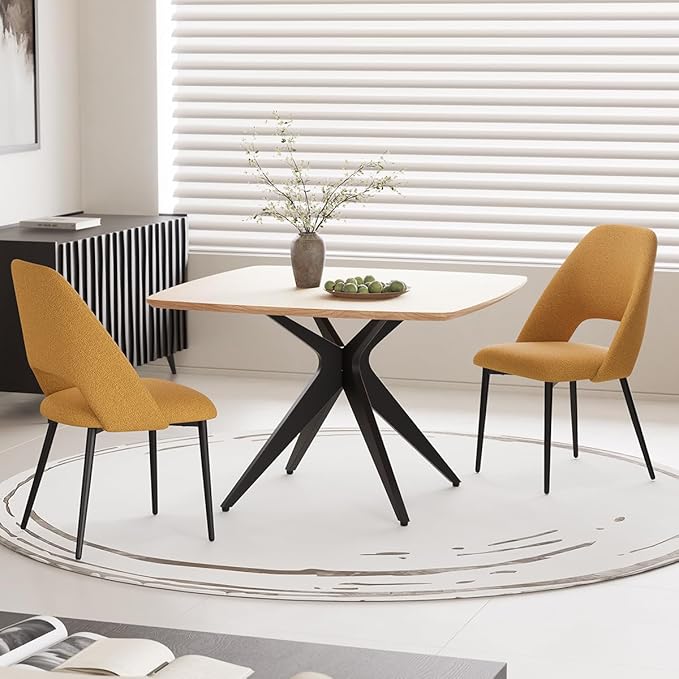 Kidol & Shellder 45.2" Square Dining Table Set for 2-4 People Modern MDF Wooden Dining Room Table with X-Shaped Metal Base Kitchen Table（Natural Table+4pcs Yellow Chairs）