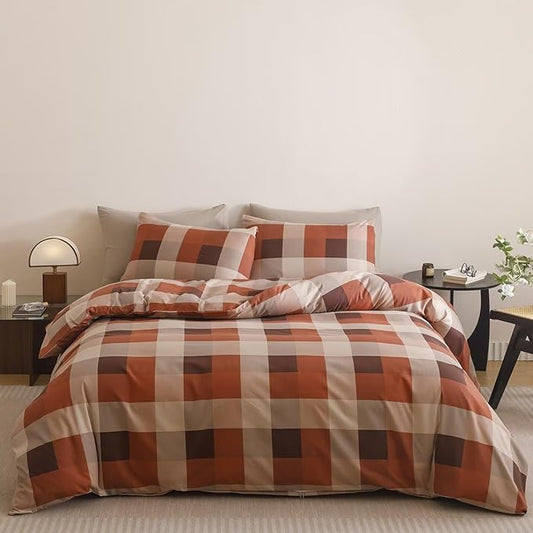 Luxlovery Checkered Red Comforter Set Full Plaid Comforter Teens Women Gingham Grid Bedding Set Fluffy Soft Cottagecore Khaki and Brick Red Blanket Quilts with 2 Pillowcases Full Bed