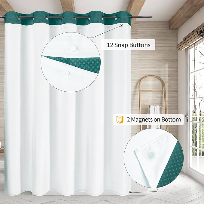 MitoVilla No Hooks Needed Extra Long Shower Curtain Set with Snap-in Liner, Green 86 inch XL Heavyweight Waffle Cloth Shower Curtains for Modern Luxury Hotel & Spa Bathroom Decor, Seaweed Green