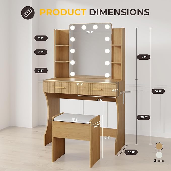 Vanity Desk with LED Lighted Mirror, Makeup Vanity with 3 Adjustable Lights, 2 Large Drawers and 4 Open Shelves, Natural Vanity with Storage Stool for Bedroom