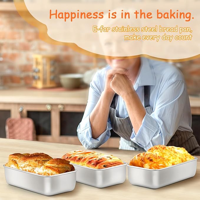 E-far Loaf Pan for Baking Bread, 9 x 5 Inch Stainless Steel Baking Loaf Pan, Metal Bakeware for Bread Meatloaf Cake Brownies, Healthy & Non Toxic, Brushed Finish & Easy Release, Oven & Dishwasher Safe