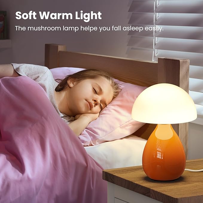 Mushroom Lamp, Mini Modern Lamp Small Vintage Table Bedside Nightstand Light, Small Light Dimmable for Bedroom, Living Room, Ceramic Base Glass Home Decor for Woman Children Gifts