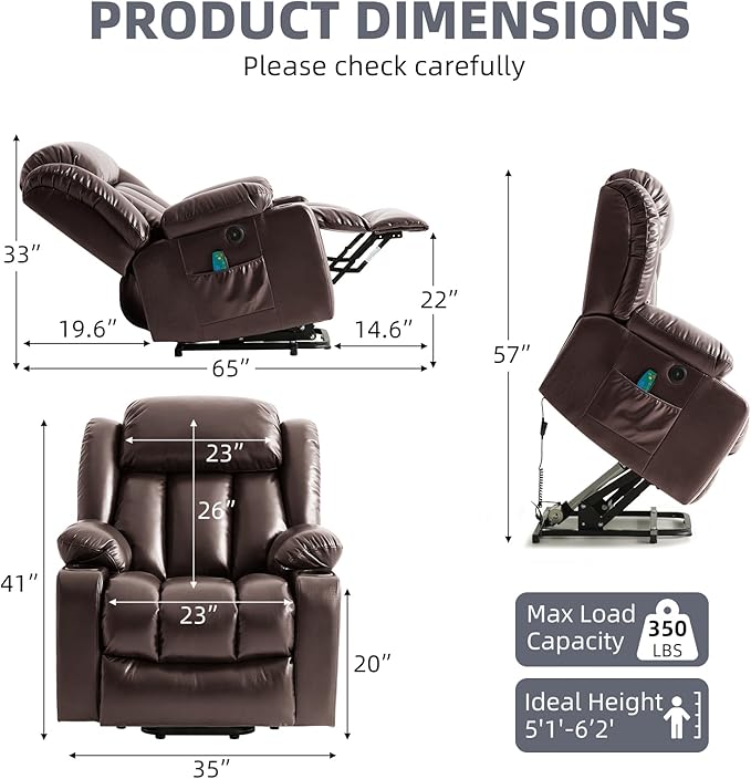 Power Lift Recliner Chair for Elderly, Electric Recliner Chairs for Adults with Massage and Heat, Cup Holders, Remote Control, USB Ports, Side Pockets, Leather (Saddle Brown)
