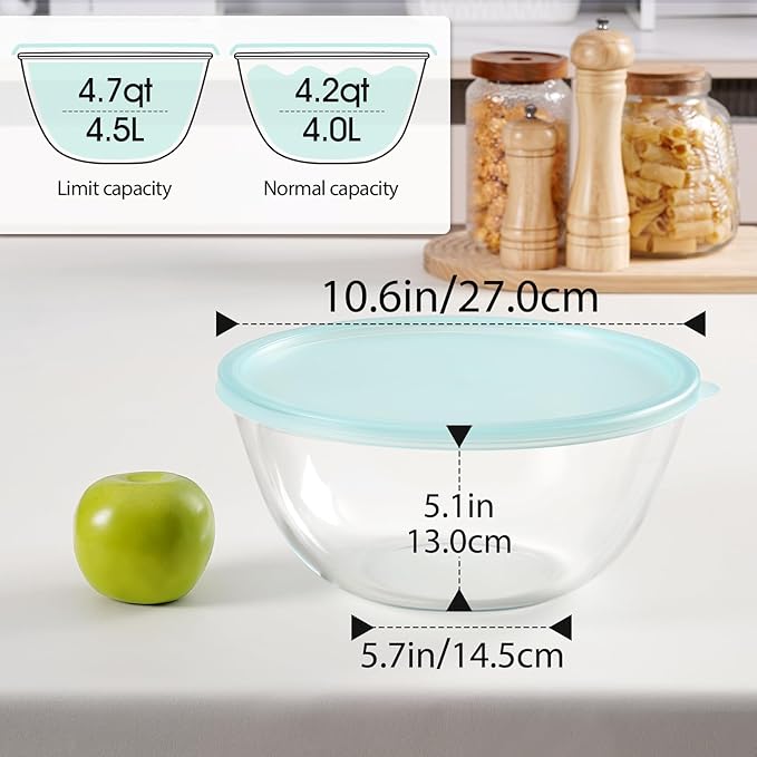 NUTRIUPS 4.7 Quart Large Glass Mixing Bowl with Lid, Deep Big Glass Bowl Large Salad Bowl (Transparent Horizon Green)