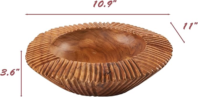 Teak Handcrafted Wooden Bowls Natural Wood Round Utility Bowl 10.9" W Handmade Rustic Serving Platter Fruit Snack Holder for Entry Table Vintage Artworks Dining Room Home Décor