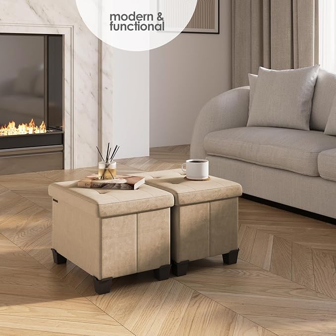 STORAGEBUD Storage Ottoman Cube with Small Bin, 16-in Square Ottoman with Storage for Living Room and Bedroom, Small Ottomans Foot Rest, Velvet Foot Stools Ottomans Max 330lbs, Taupe