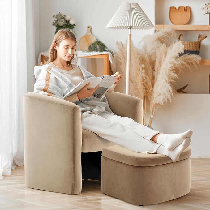 COLAMY Morden Velvet Barrel Accent Chair with Storage Ottoman Set of 2, Upholstered Living Room Side Chair, Single Sofa Armchair with Lounge Seat for Bedroom/Office/Reading Spaces, Khaki
