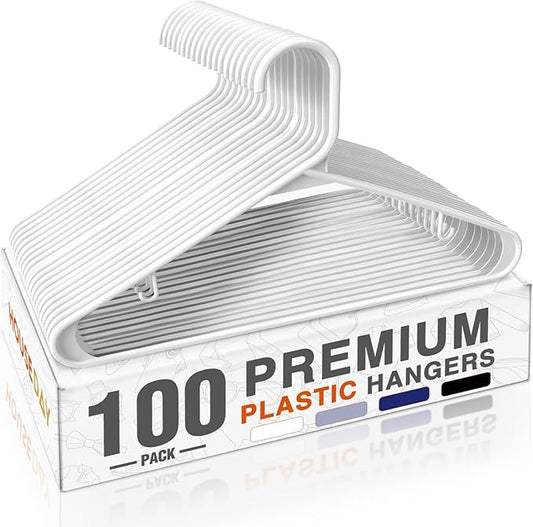 HOUSE DAY White Plastic Hangers 100 Pack, Plastic Clothes Hangers with Built-in Hooks, Durable and Strong Coat Hangers for Closet, Space Saving Clothing Hanger for Shirts, Coats, Skirt, Dress