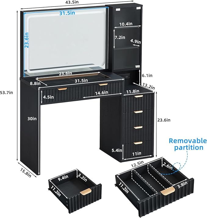 LEYAOYAO Black Vanity Desk with Mirror and Lights, 43.5'' Fluted Makeup Vanity with 6 Drawers and Adjustable Shelves, Glass Top Make Up Vanity, Girls Wood Dressing Table with Power Outlet for Bedroom