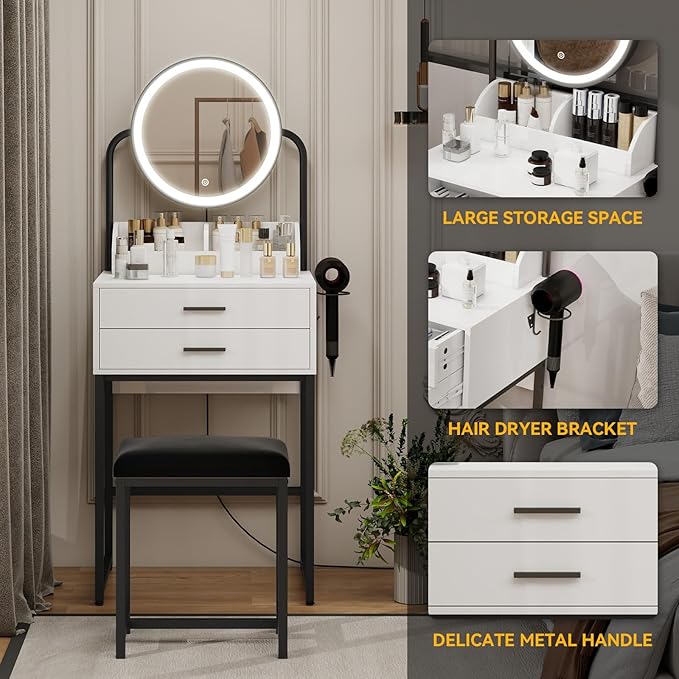 ARTETHYS Small Vanity Desk with Lighted Mirror and Lights Compact Makeup Set with Drawers for Bedroom Mini White Modern Dressing Table with Chair