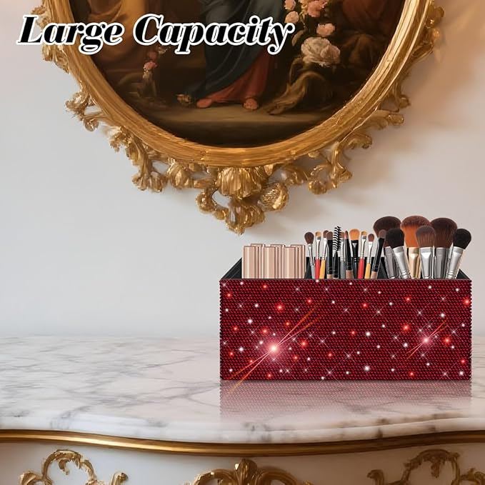 Bling Makeup Brush Holder Organizer, 3 Slot Sparkle Cosmetics Brushes Storage Holders with Shiny Rhinestones, Glitter Cute Pen and Pencil Holder for Desk, Eyeliners Display Case for Vanity (Wine red)