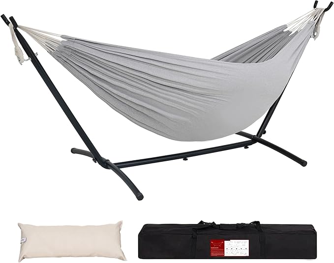 Lazy Daze Hammocks Double Hammock with 9ft Space-Saving Steel Stand Includes Portable Carrying Case, 450 Pounds Capacity (Light Gray)