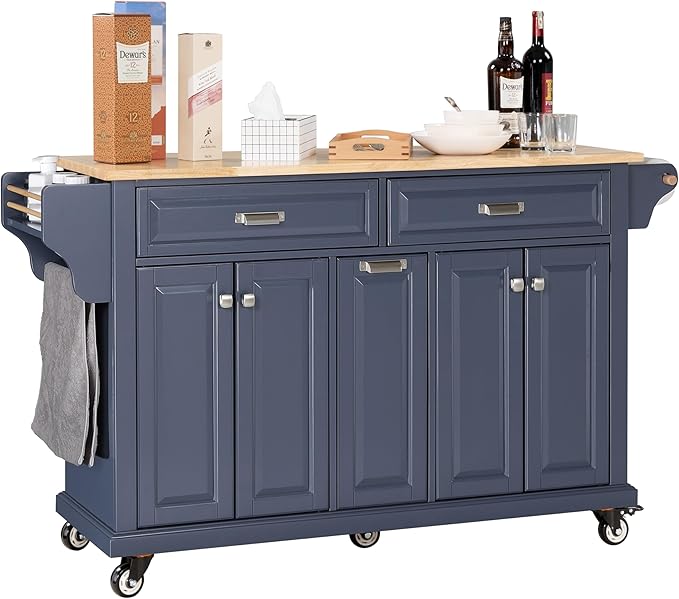Rolling Solid Wood Kitchen Island with Rubberwood Top, 3 Drawers, 2 Cabinets, Adjustable Shelves, Spice Rack & Locking Wheels – Painted Finish, Navy Blue