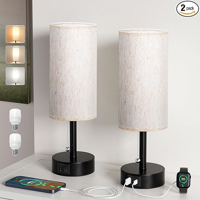 USB Bedside Table Lamps Set of 2-3 Color Temperatures Pull Chain Lamp with USB C and A Charging Ports, Round Night Stand Lamps for Bedroom