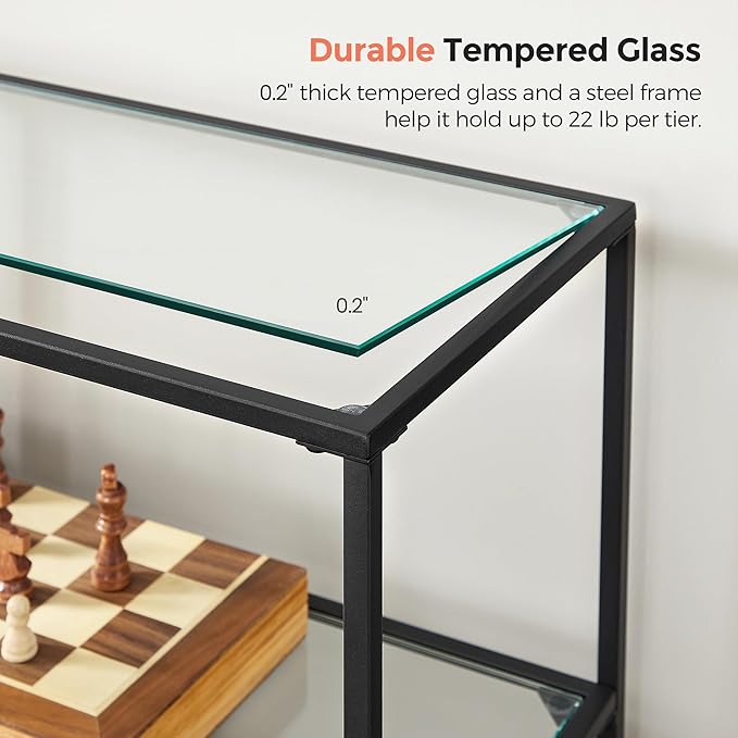 VASAGLE 39.4 Inch Console Table with 3 Shelves, Sofa Tables, Modern Entryway Table, Metal Frame, Tempered Glass Shelf, Entryway Living Room Bedroom, Classic Black and Transparent ULGT027B01