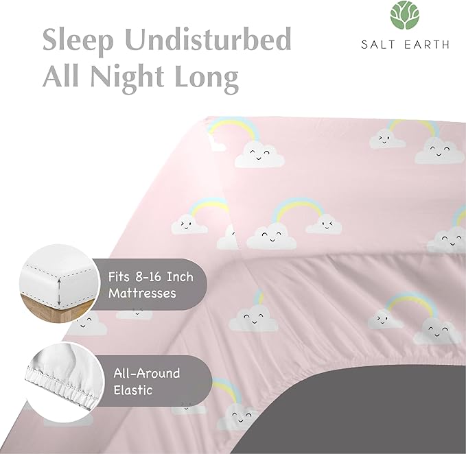 Salt Earth 100% Cotton 210TC Kids Bedsheet, Twin Sheets Set for Toddler Bed, 3 Piece Bedding Set Including Flat Sheet, Fitted Sheet, and Pillowcase, Themed Cute Sheets for Playful Kids Bed(Rainbow)