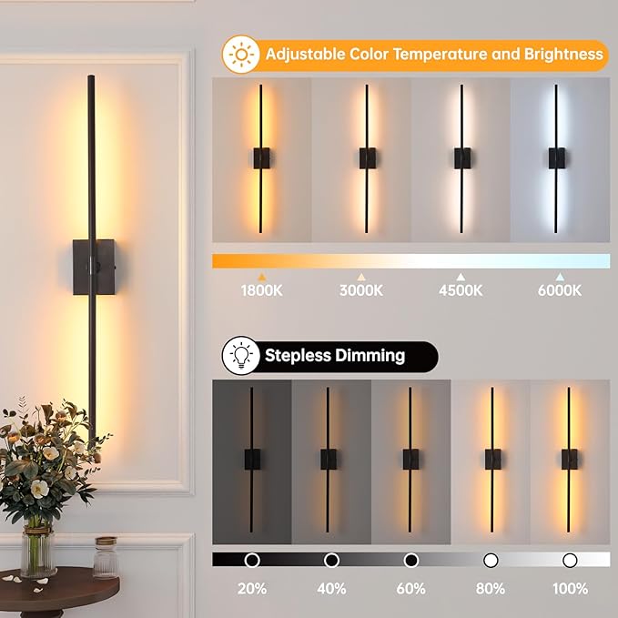 Battery Operated Wall Sconce Set of 2, 5000mAh Rechargeable Wall Sconces with Detachable Battery, Indoor 350°Rotate Wall Lights for Bedroom Living Room, Black, 31.5 Inch