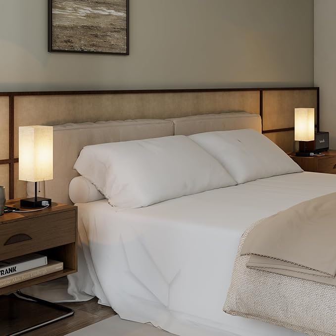 Table Lamp for Bedroom,Nightstand Lamp for Bedside with AC Outlets,Adjustable 3color LED Light Desk Lamp for Home Decor,Included Bulb and Lamp Shade (Linen White-onlyAC, 2PCS)