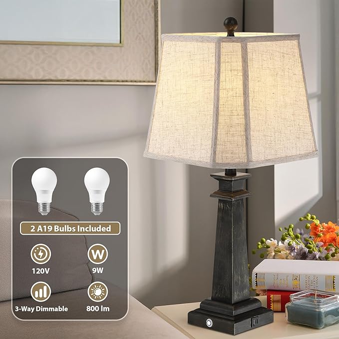 27.5" Table Lamps Set of 2, 3-Way Dimmable Touch Lamps for Nightstand, Farmhouse Table Lamp for Living Room and Bedroom with USB A+C Charging Ports, Bulbs Included (Black)
