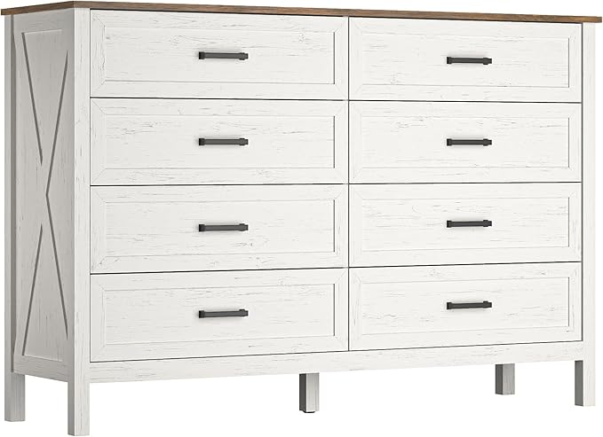 Farmhouse 8 Drawers Dresser for Bedroom, 55 Inch Wood Rustic Wide Chest with Natural Texture, Large Dressers for Bedroom, Hallway, Entryway, Antique White