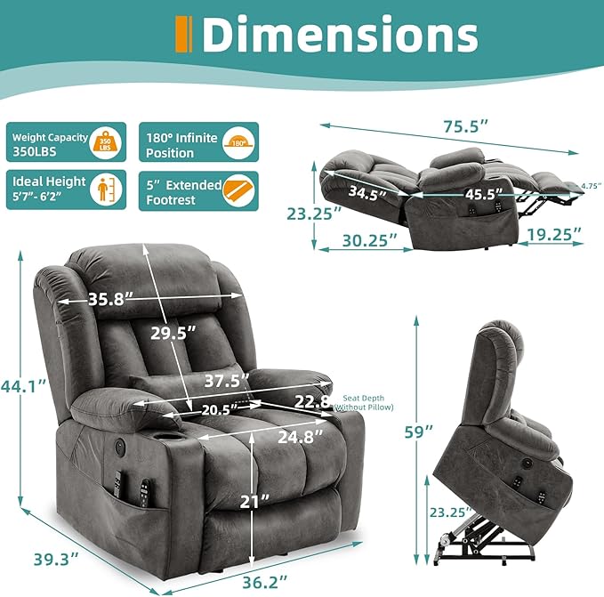 MEETWARM Oversized Dual Motor Lay Flat Power Lift Recliner Chair for Big Elderly with Heat Massage, Large Sleeping Electric Recliner with Extended Footrest, Lumbar Pillow, USB & Type-C Ports, Gray