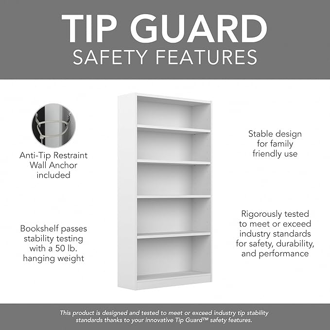 Bush Furniture Universal Tall 5 Shelf Bookcase in White, Vertical Storage and Display Bookshelf for Home Office or Living Room Organization