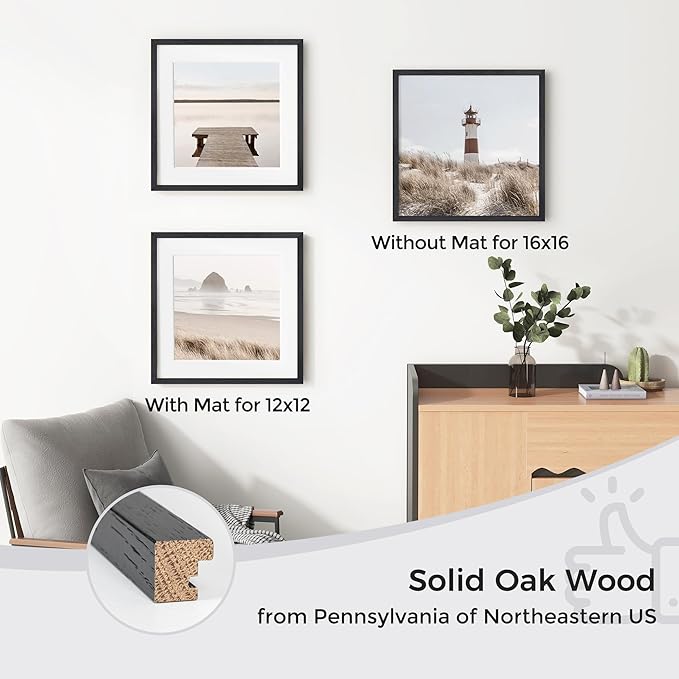 Axeman 16x16 Picture Frame with Mat for 12x12, Solid Oak Wood Square Picture Frame with Tempered Glass, Wooden Square Photo Frame 16''x16'' for Art Photo and Prints, Set of 2, Black