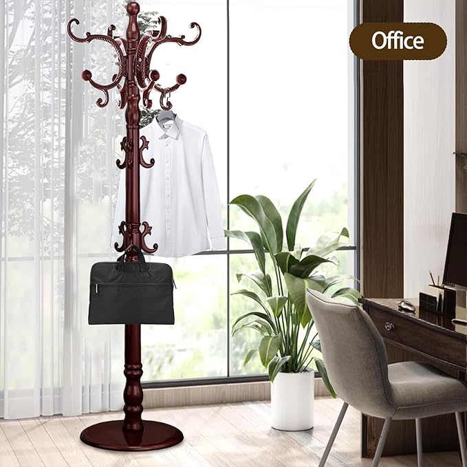 Coat Rack Freestanding, Wooden Coat Tree with Stable Round Base, Vintage Heavy Duty Coat Rack Stand with 14 Hooks, Coat Hanger Stand for Bedroom, Office, Entryway (Mahogany)
