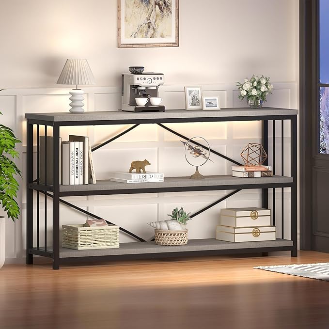 HSH Horizontal Bookshelf, Industrial Metal Wood Low Bookcase, Open 3 Tier Small Bookshelves with Storage for Living Room, Farmhouse Short Etagere Book Shelf for Office Bedroom, Light Grey Oak, 47 Inch