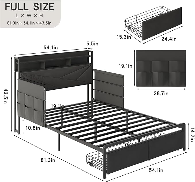 Maupvit Full Bed Frame with Storage Headboard and Drawer,Upholstered Platform Bed Frame with LED Lights & Charging Station,Full Size Bed with Guardrail,No Box Spring Needed,Grey