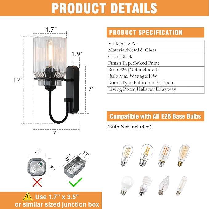 Bathroom Wall Sconce, Black Vanity Light Fixture, Indoor Modern Wall Lamp with Clear Glass Shade Farmhouse Sconce for Living Rooms, Bedrooms, Stairwell and Hallway