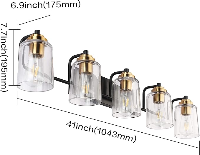 SOLFART Vintage Vanity Lights for Bathroom 5 Light Bathroom Vanity Light Black Metal with Clear Glass Brass Fixtures Wall Mount Lighting Wall Sconce