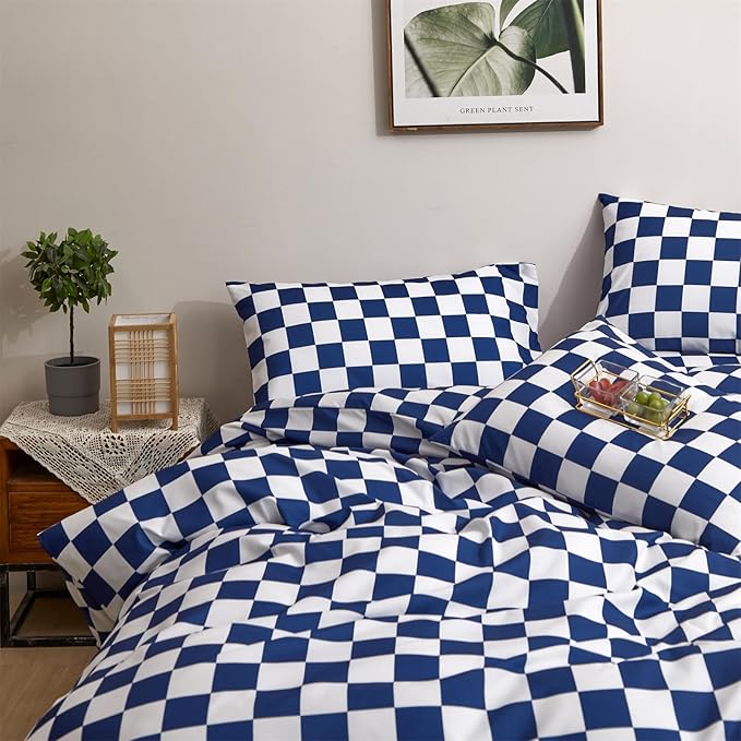 CLOTHKNOW Plaid Comforter Sets Twin/Twin XL Blue White Bedding Comforter Sets Royal Blue White Bed Comforter Blue Bedding Sets Soft