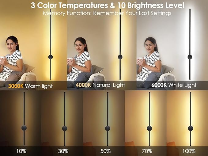 39.4 Inch Battery Operated Wall Sconce, 12000mAh Rechargeable Wall Sconce with Remote Control, Dimmable LED Wireless Wall Light for Bedroom, Living Room, 15 Colors, 180° Rotate, Black, 1 Pack