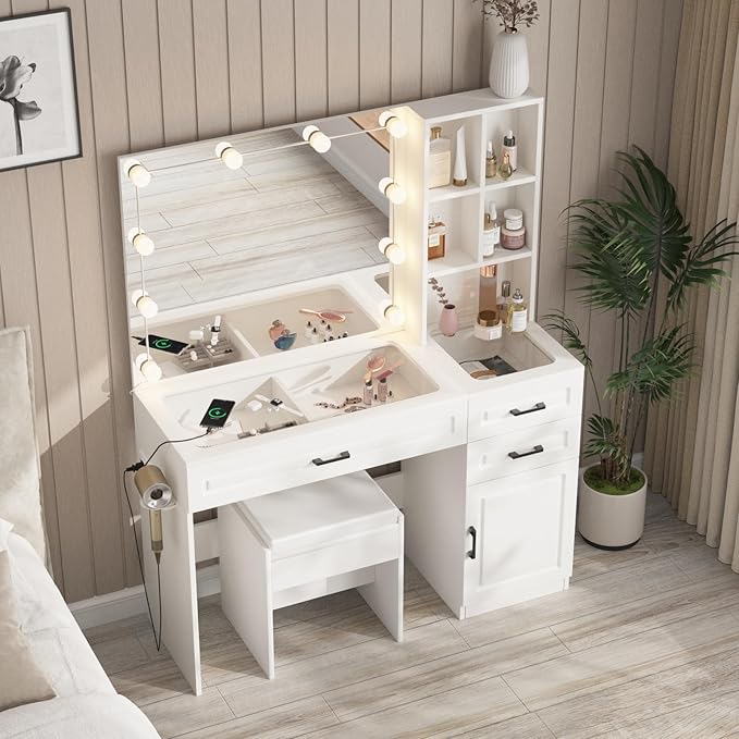 Fameill Vanity Desk with Mirror and Lights,Large Makeup Vanity with Glass top and Lots Storage,3 Drawer Vanity Set with Charging Station,3 Lighting Modes,White