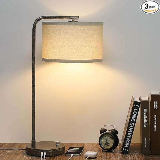 Bedside Table Lamp with USB C+A Charging Ports, Fully Dimmable Industrial Tall Nightstand Reading Desk Lamp for Bedroom, Living Room, Office, 9W LED Bulb Included