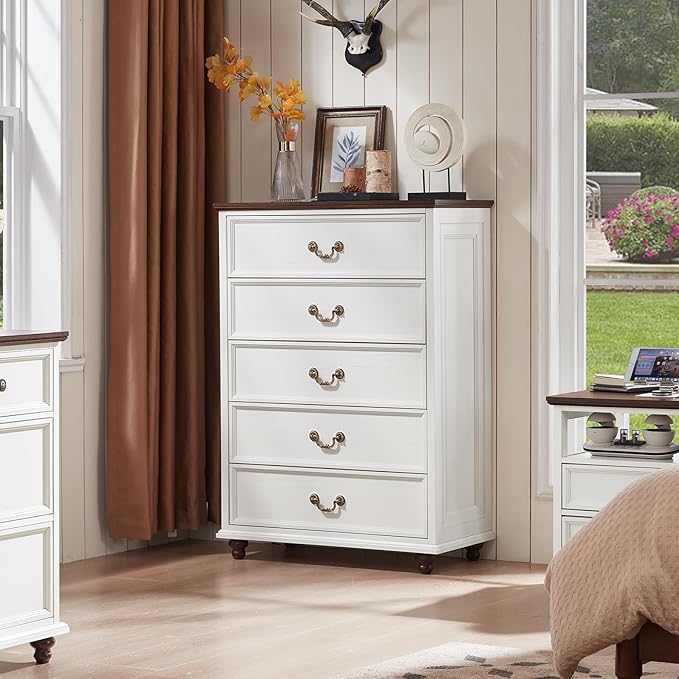 Farmhouse 5 Drawer Dresser Set of 2 for Bedroom, 45" Tall Rustic Chests of Drawers w/ 4 Solid Wood Feet, Mid Century Vintage Wooden Closet Storage Dressers Organizer for Living Room, White