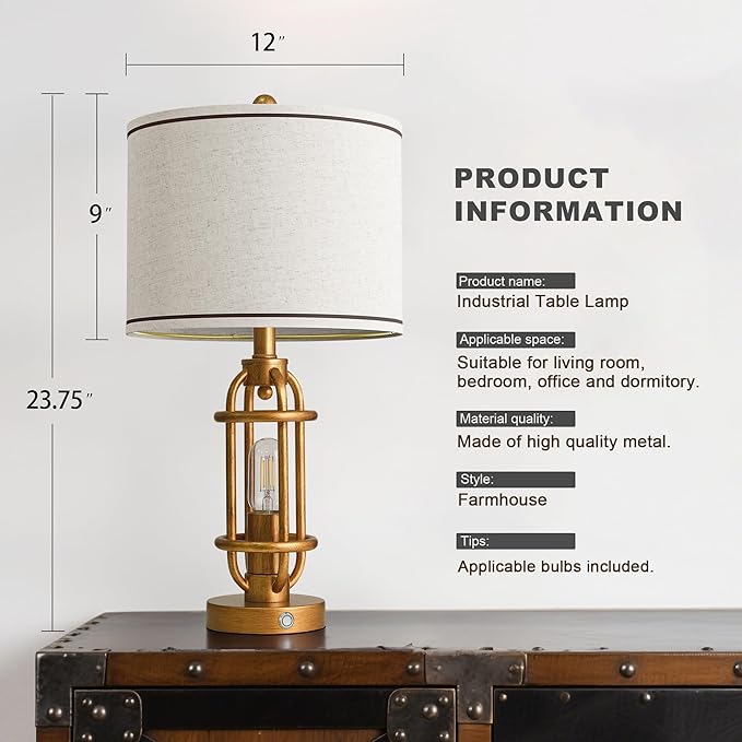 23.75'' Table Lamps Set of 2 for Living Room Bedroom Industrial Farmhouse Metal Touch Lamps with USB A+C Ports, Night Light Vintage Nightstand Bedside Lamp, Bulbs Included, Antique Gold