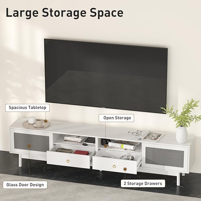 Bonzy Home TV Stand with Storage for 80 Inch TV, Modern Entertainment Center with Glass Doors and 2 Drawers, 86.6" Long TV Console for Living Room, White