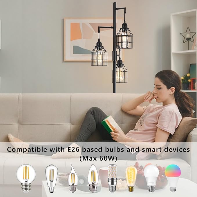 9MMML Floor Lamp for Living Room, Farmhouse Industrial Dimmable Floor lamp,3 Lights Metal Cage Tree Standing Lamp,68", 3Pcs Led Bulbs Included