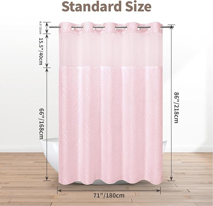 no Hook Shower Curtain and Liner Set，Boho Style with See Through Top Window, Pink Fabric Tufted Striped Textured Outer Curtain & Waterproof Inner Liner, Pink, 71Wx86H