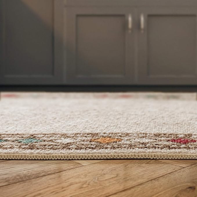 Antep Rugs Alfombras Modern Bordered 2x5 Non-Skid (Non-Slip) Low Profile Pile Rubber Backing Kitchen Area Rugs (Beige, 2' x 5' Oval)