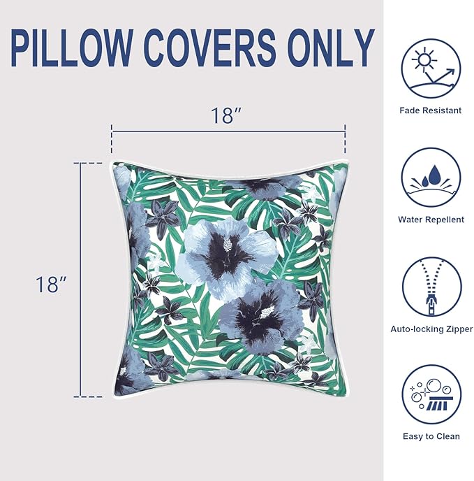 Outdoor Throw Pillow Covers Pack of 2, Decorative Water Repellent Square Pillow Cases 18x18 Inch, Patio Pillowcases for Home Patio Furniture Use, Blue Salmone Tropical