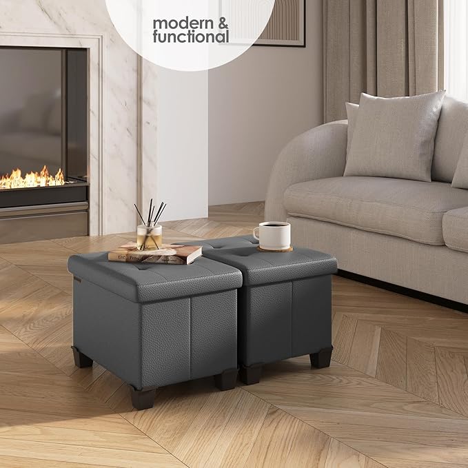 STORAGEBUD Storage Ottoman Cube with Small Bin, 16-in Square Ottoman with Storage for Living Room and Bedroom, Small Ottomans Foot Rest, Faux Leather Foot Stools Ottomans Max 330lbs, Grey