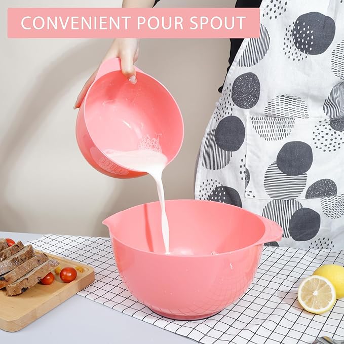 BoxedHome 4 Quart Large Plastic Mixing Bowls, Microwave Safe Mixing Bowl Set with Pour Spout, Nesting Bowls for Space Saving Storage(Candlelight Peach)