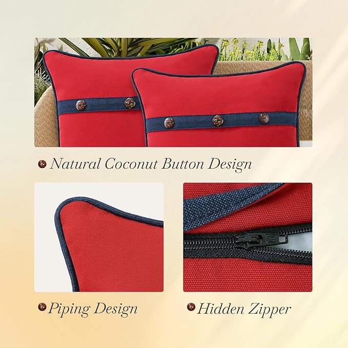 Outdoor Sunbrella Decorative Pillows with Triple Coconut Buttons Pack of 4, 16" x 16" Outdoor Pillow Set for Couch Bed Throw Patio Sofa, Canvas Logo Red/Specrtum Indigo