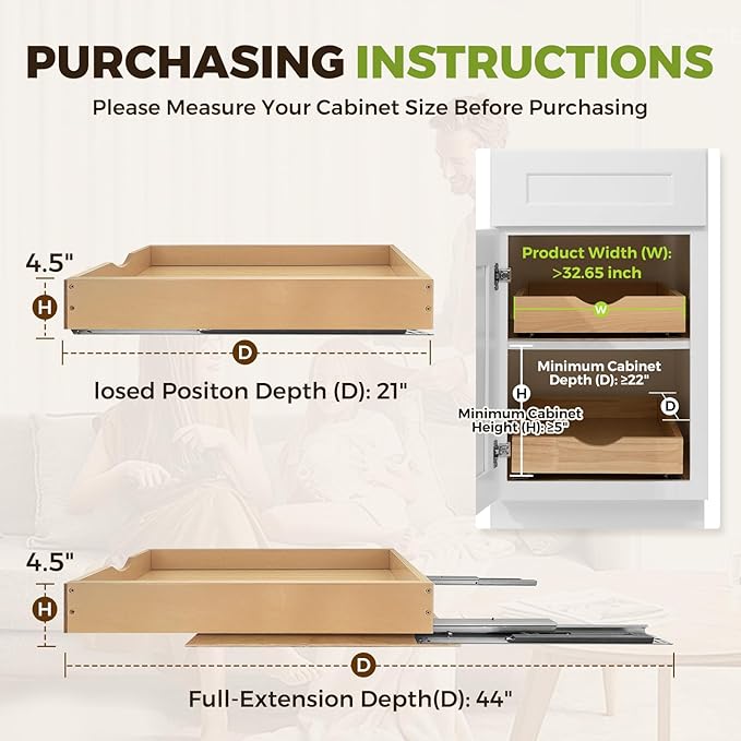 Pull Out Drawers for Cabinet Wood 30" W x 23" D x 4.5" H Slide Out Organizer and Storage Kitchen Cabinet Drawers Slide Out Shelves Pull Out Shelves in Kitchen Pantry Bathroom with Soft Close