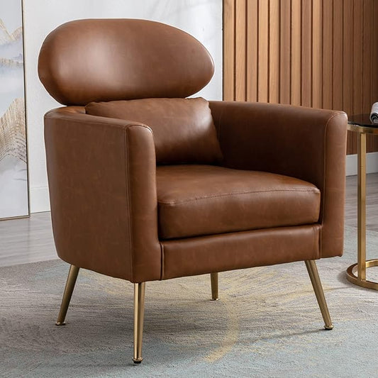 Accent Chair Upholstered Barrel Arm Chair for Living Room Bedroom Reception Room Office, Modern Soft Padded Single Sofa Chair with Golden Legs & Lumbar Pillow, PU Brown