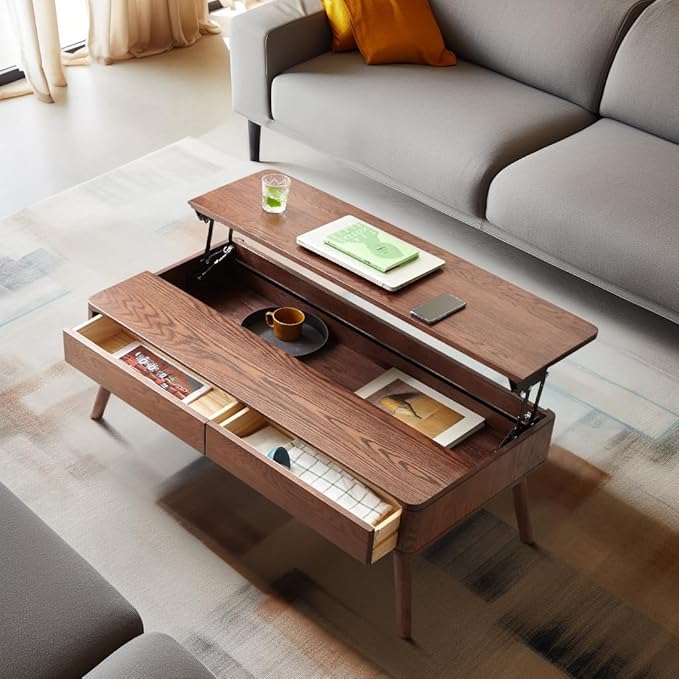 Oak Wood Lift Top Coffee Table with Storage, Mid-Century Modern Rectangle Coffee Tables for Living Room,Wooden Walnut Coffee Table for Dining,Working,Playing Games Desk