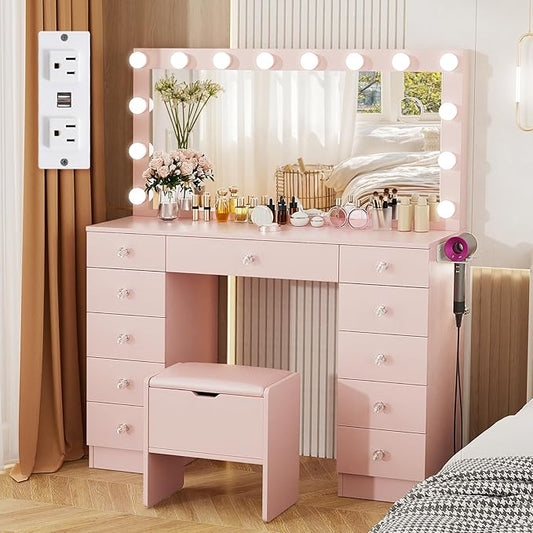 VOWNER Vanity with Lighted Mirror - Makeup Vanity Desk with 11 Drawers and Outlet, 3 Color Lighting Modes Adjustable Brightness, 46" Vanity Table with Soft Cushioned Stool for Bedroom, Pink